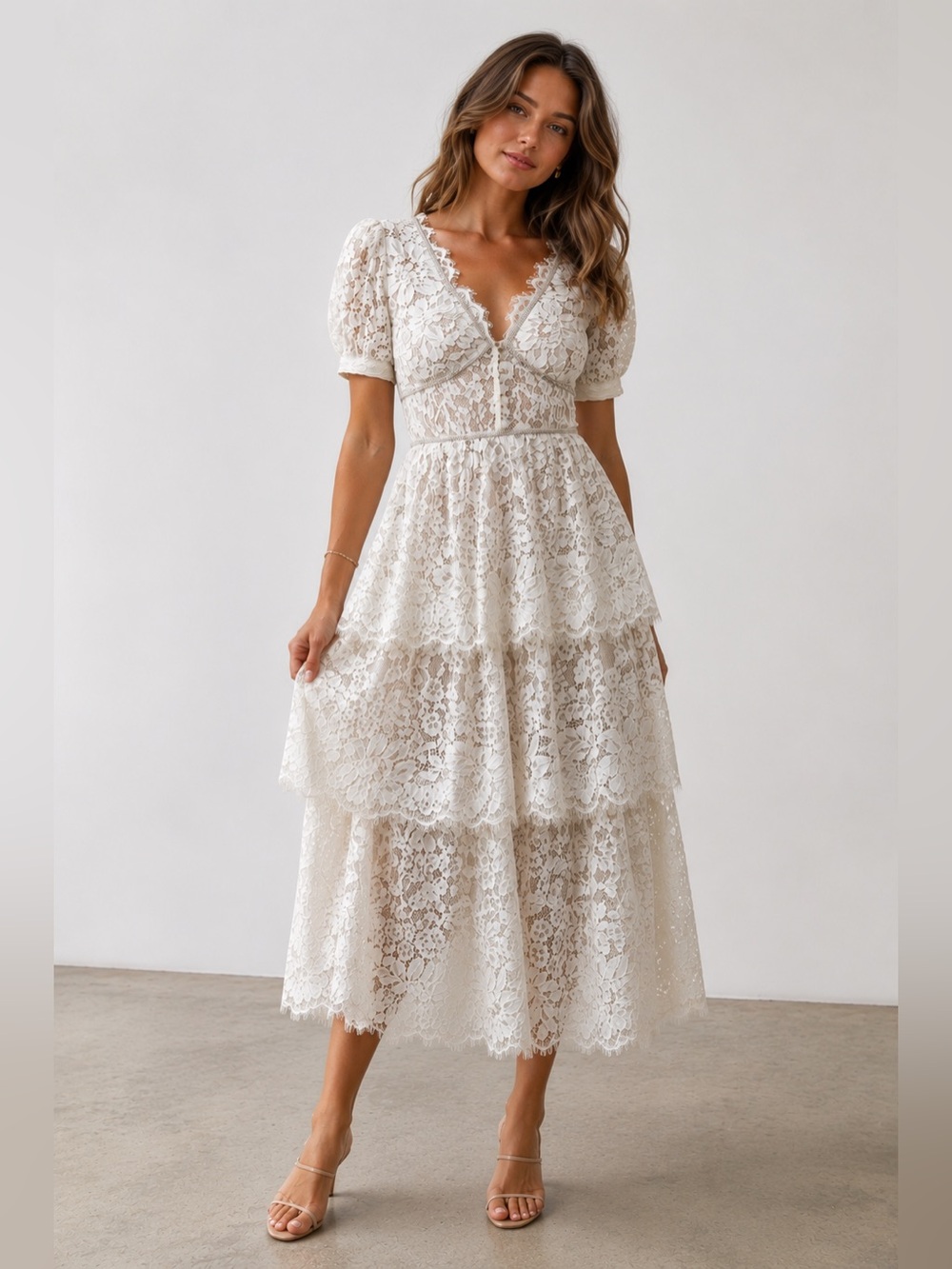 Self-Portrait Cream Tiered Lace Midi Dress in Ivory Cream Bridal Size 4